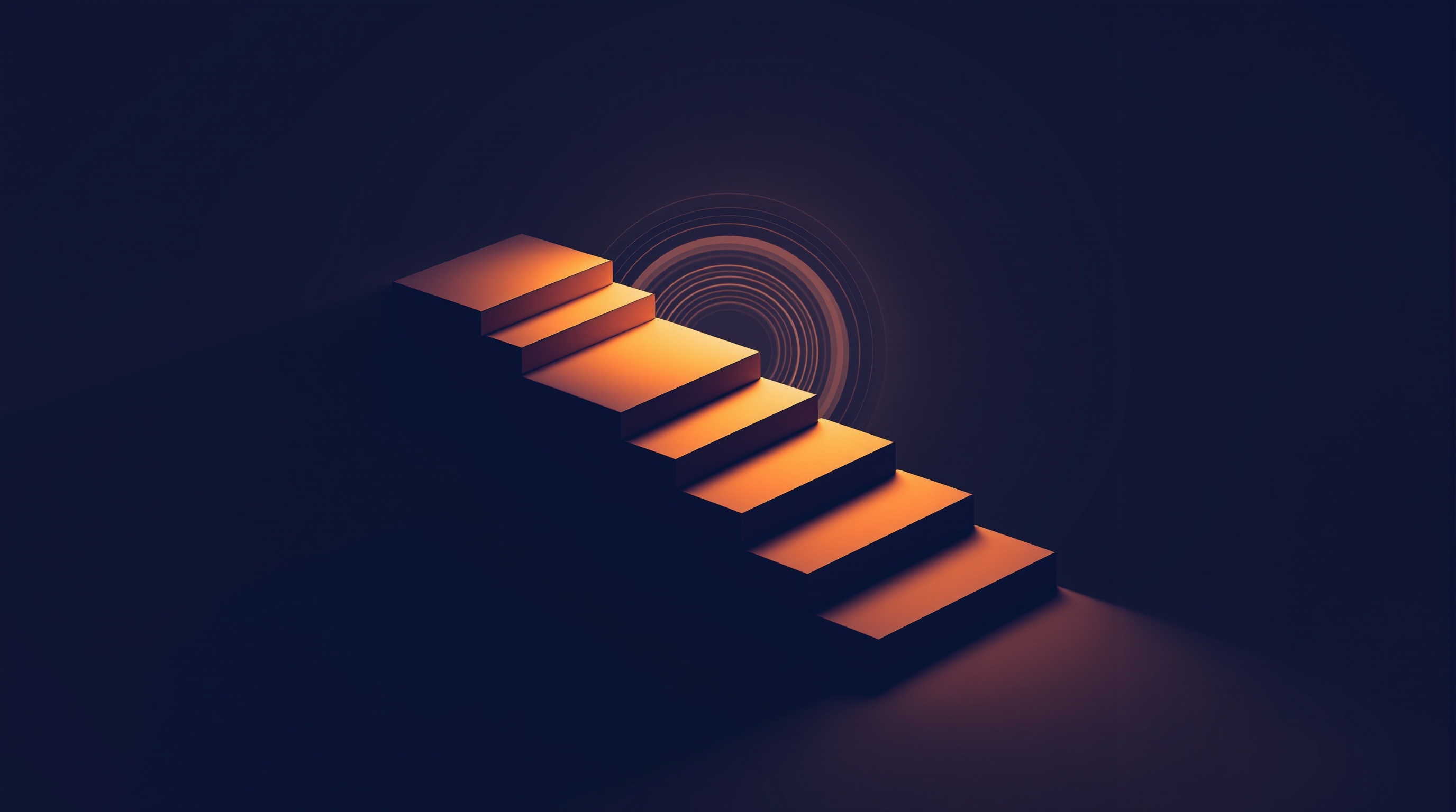 Editorial illustration: staircase ascending from shadow toward an amber horizon representing agentic maturity