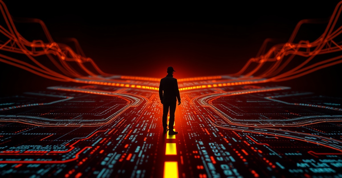 An abstract figure at a crossroads of diverging glowing code paths, on a black background with amber accent.