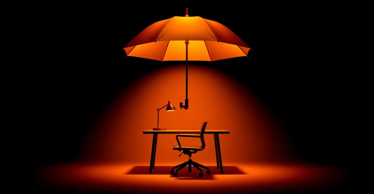 An amber umbrella shielding an office desk, representing equity as retention insurance